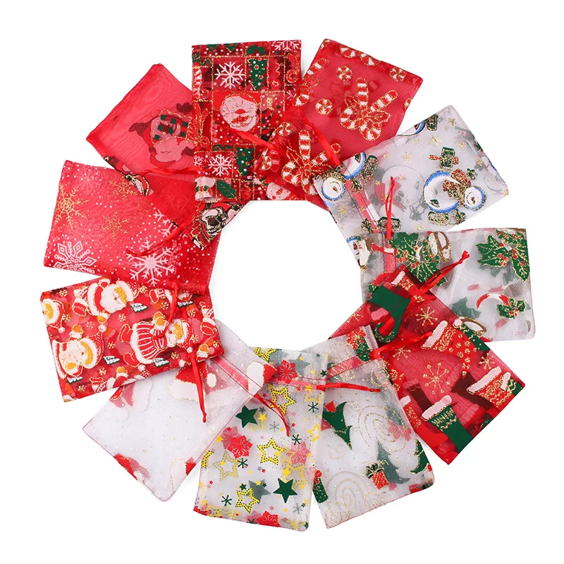 

100pcs/lot Hotsale 10x15cm Christmas Drawstring Organza Bags Charm Jewelry Chocolate Party Favors Gift Packaging Bags