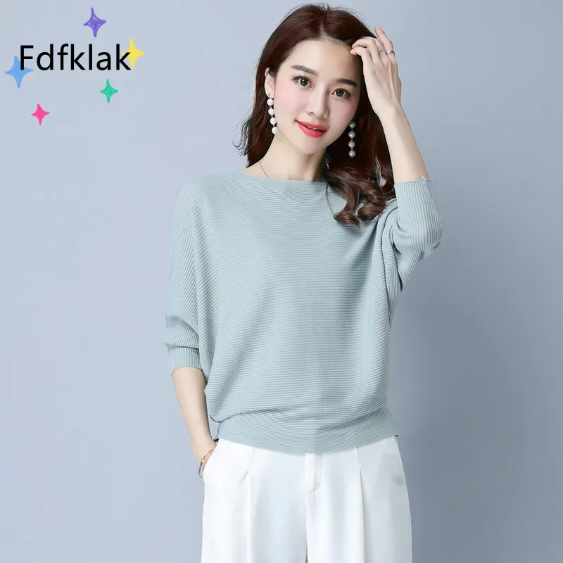 Fdfklak Spring Autumn New One Neck Sweater Women Bat Shirt Base Coat Solid Color Knitting Pullover All-Match Long-Sleeved Top