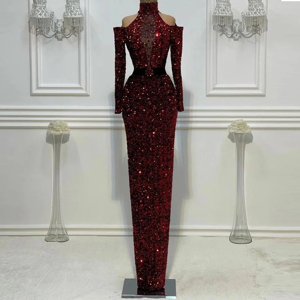 

Burgundy Sequins Crystal Mermaid Prom Dresses Full Sleeves High Neck Back Zipper Evening Gowns vestidos defiesta فساتين السهرة