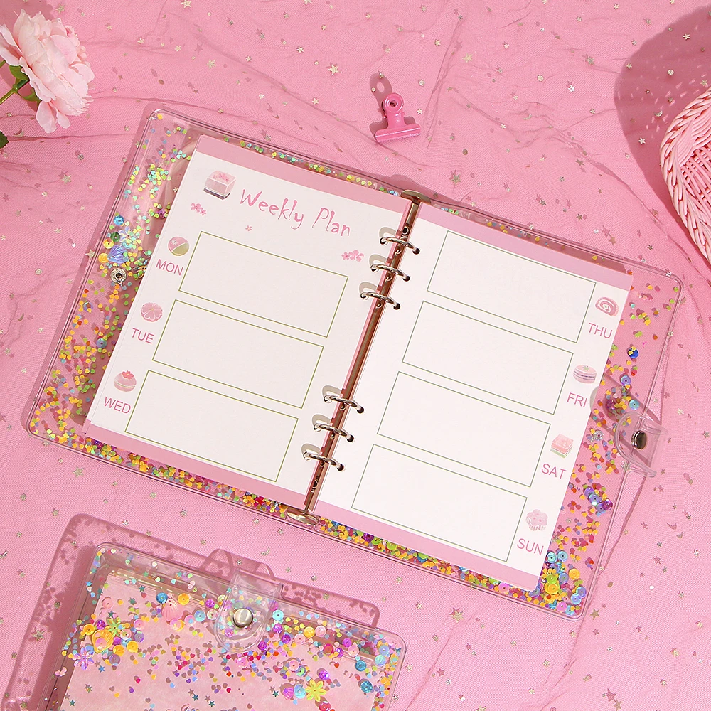 A5 A6 Cute Transparent PVC Sequins Cover Office School 6 Rings Binder Spiral Planner Agenda Organizer Notebooks Stationery