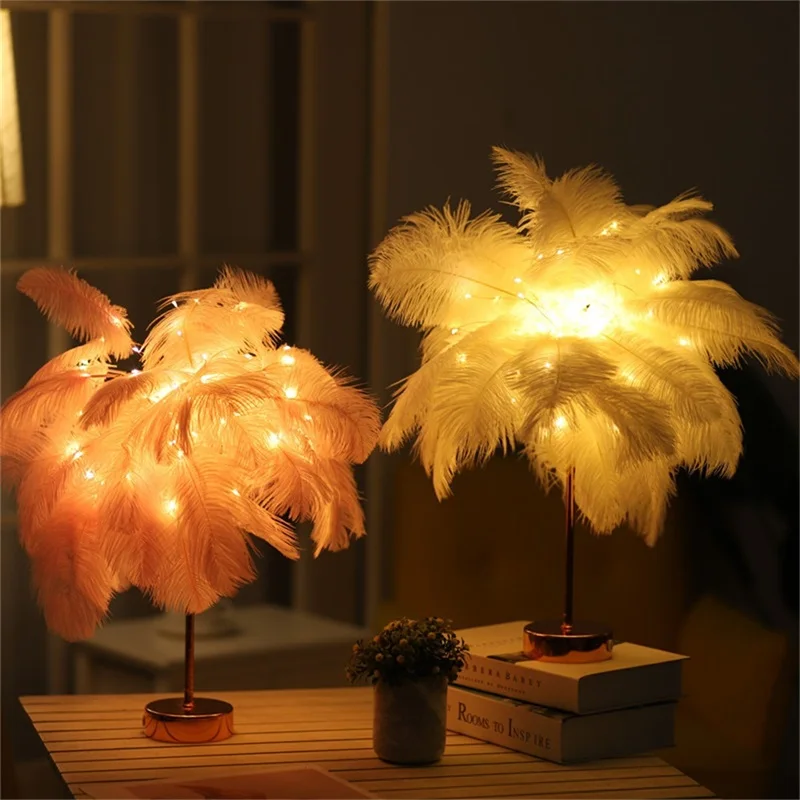 OURFENG Table Lamp LED Iron Art Feather Small Night with Remote Dandelion Atmosphere Light
