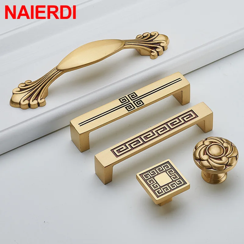 NAIERDI Gold Pure Copper Kitchen Cabinet Handles Cupboard Door Pulls Drawer Knobs European Vintage Brass Furniture Handle