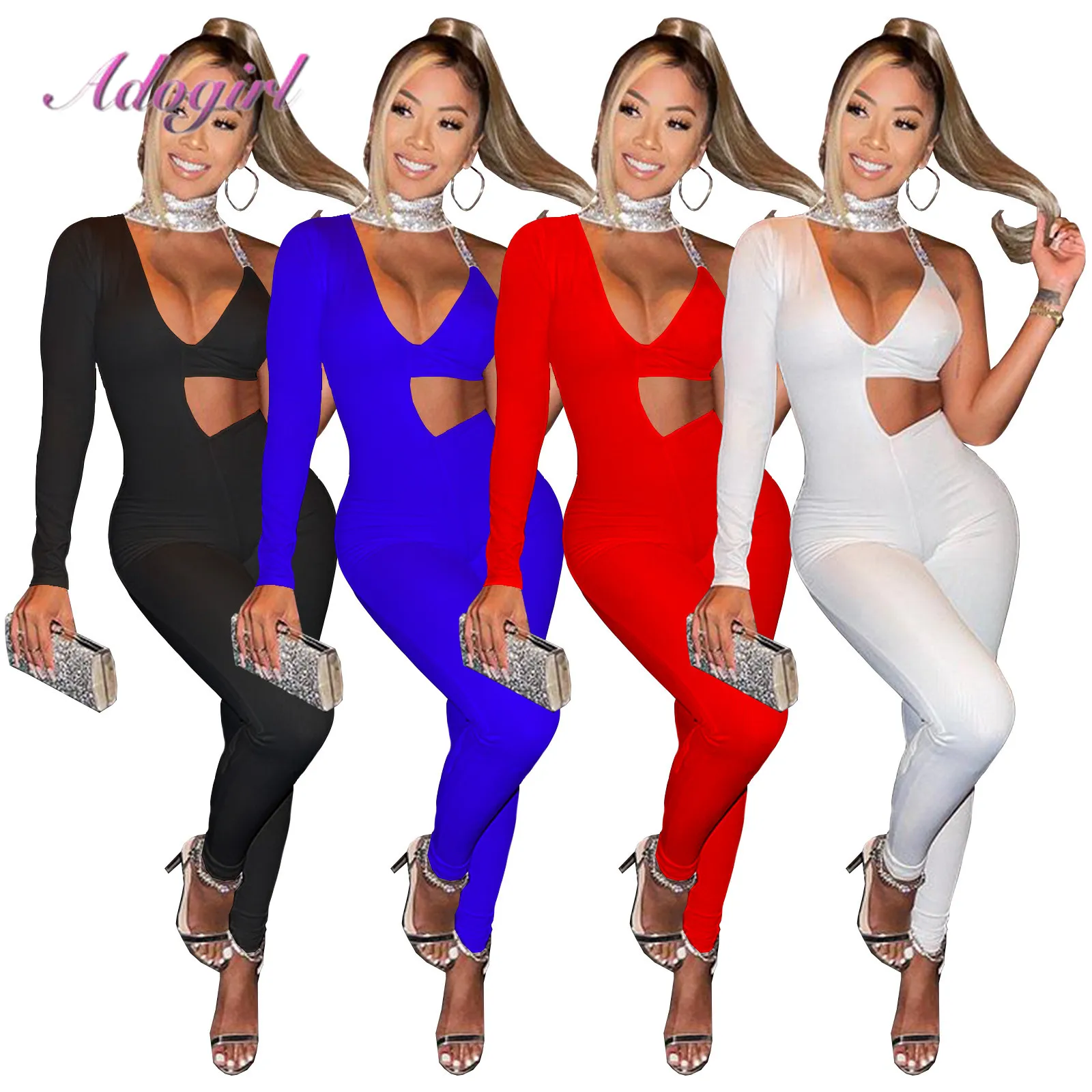 Sexy Sequins Halter One Shoulder V Nexk Party Club Jumpsuit Women Solid Long Sleeve Hollow Out Outfit Streetwear Rompers Overall