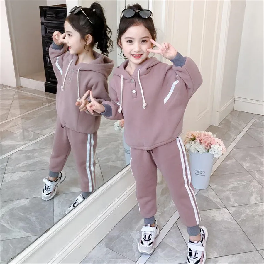 2024 autumn teenager winter kids baby Girls Tracksuit striped thick hoodied tops + sport pants Child 4 5 6 7 8 9 10 11 12 years