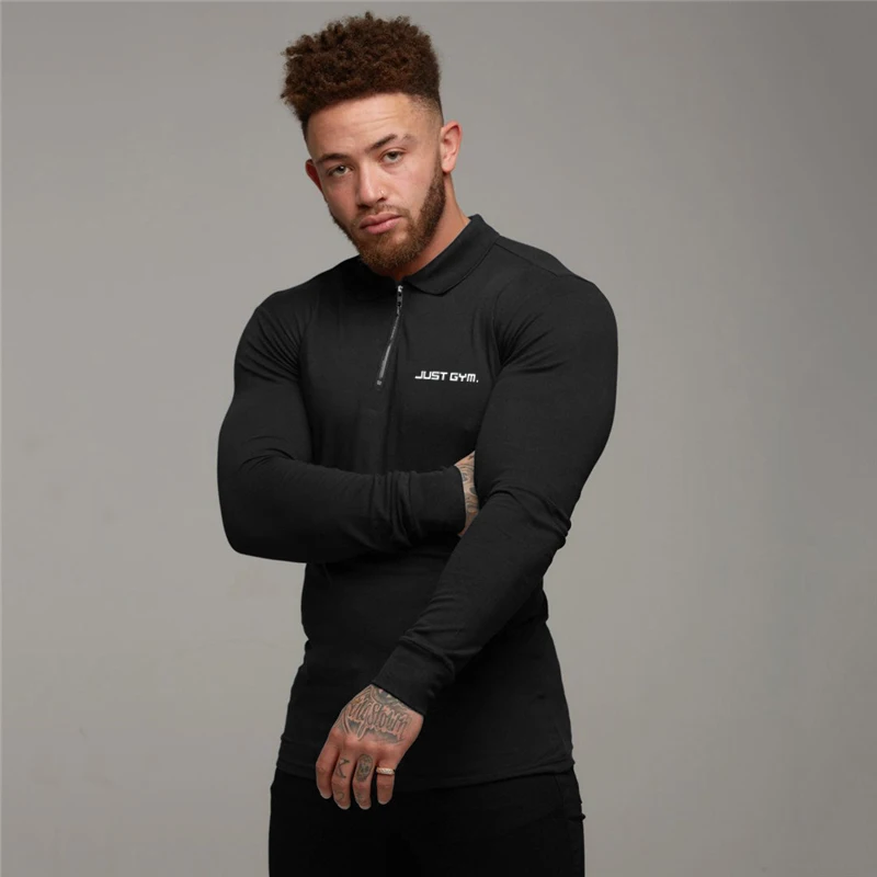 Polo Shirt Mens Gym Clothing Workout Polo Shirts Cotton Breathable Sports Long Sleeve tee Fashion Brand Bodybuilding Men\'s Polos