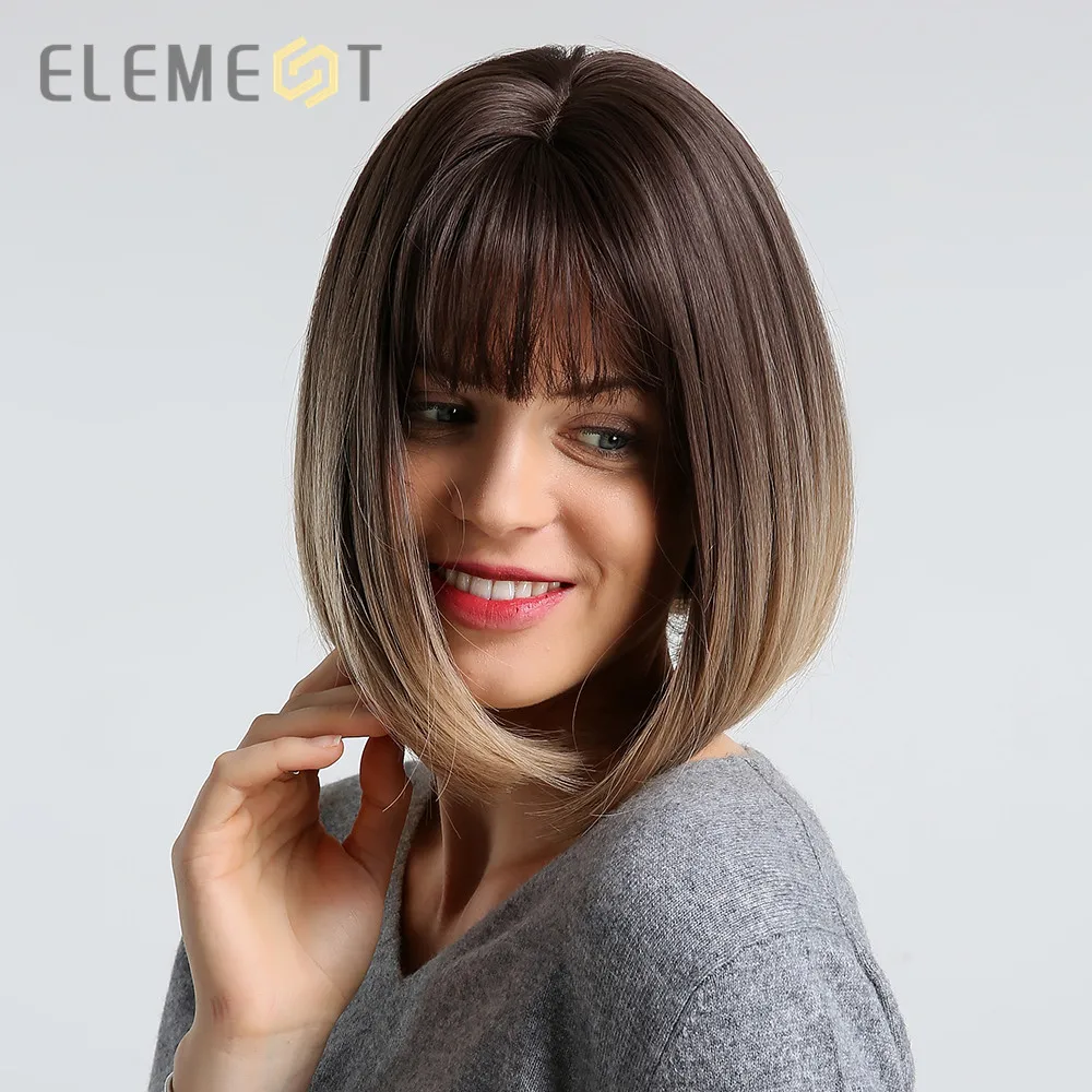 Element Synthetic Short Straight Bob Wigs for White/Black Women Ombre Brown Blonde Cosplay Party or Daily Wigs with Bangs