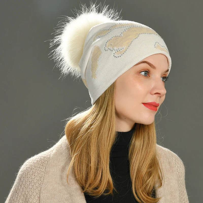 Jxwatcher Wool Beanies Hat Women Real Raccoon Fur Pom Pom Hats Girls Female Wool Knitted Beanie Warm Winter Hats with Rhinestone