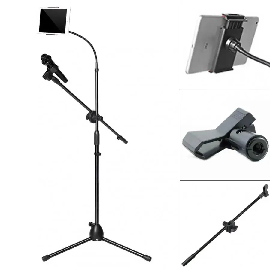 Telescopic Microphone Floor Metal Tripod Flexible Tablet PC Holder Clip Swing Boom Stage Bracket Microphone Holder Stand