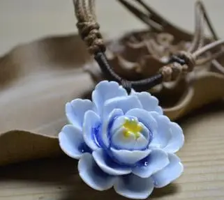 Porcelain National Chinese Handmade Ceramic Lotus Flower Pendant Necklace Gift