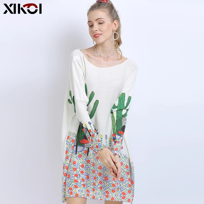 XIKOI Wool Oversized Sweater For Women Winter Long Pullover Dress Fashion Cactus Print Jumper Casual Knitted Sweater Pull Femme