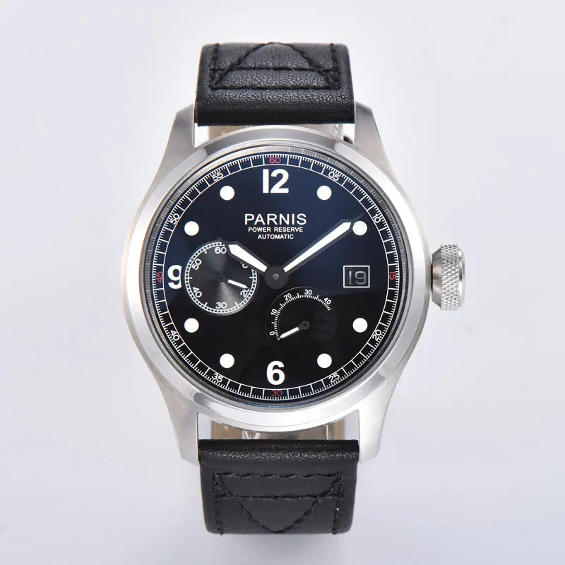 46mm parnis Grau Zifferblatt Datum gangreserve leder ST 2530 automatische bewegung herren uhr