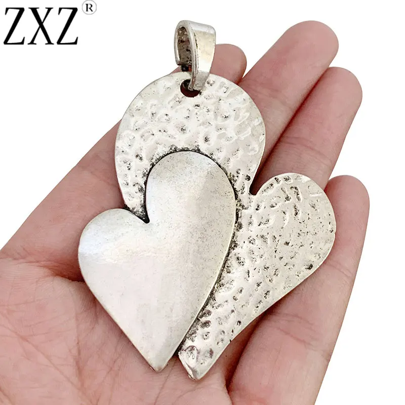 ZXZ 2pcs Tibetan Silver Large Double Heart Charms Pendants for Necklace Jewelry Making Accessories 78x54mm