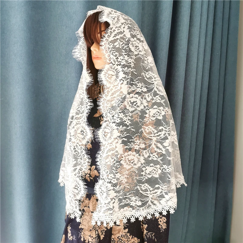 Mantilla Veils for Church Catholic Traditional Women Headcovering Head Wrap Soft Lace D Shape With Hair Clip Ivory