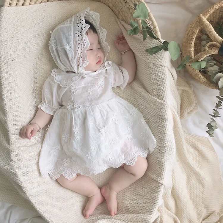 0-3Yrs Infant Clothes Rompers 2023 Summer Newborn Grils Cotton Lace Romper With Cap 2pcs Set Baby Girls Overall White