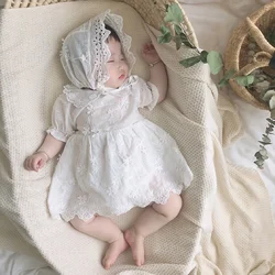 0-3Yrs Infant Clothes Rompers 2023 Summer Newborn Grils Cotton Lace Romper With Cap 2pcs Set Baby Girls Overall White