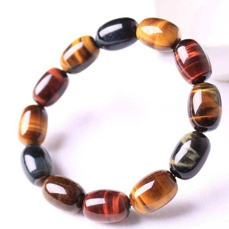 Natural Colorful Tiger's Tiger Eye Blue Red Bracelet Yellow Barrel Beads Women Men Tiger Eye Stretch 14x10mm AAAAA