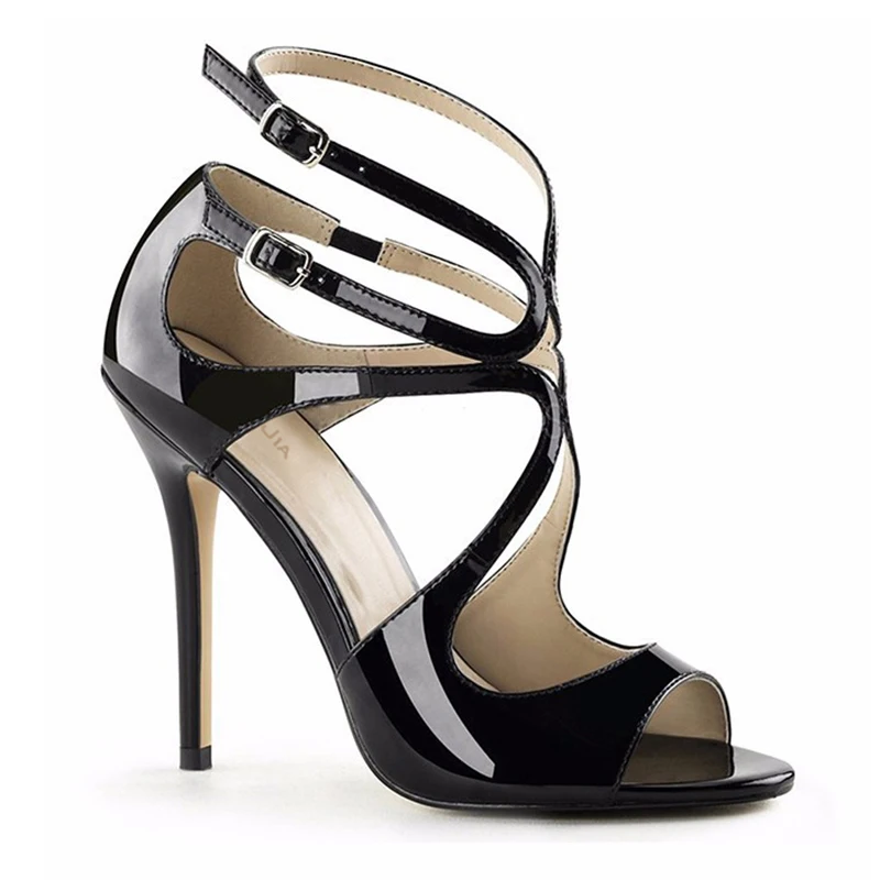 2020 Peep Toe Shiny Black Strappy Sandals Ankle Strap Stilettos Silver Gold Elegant Heels Patent Leather Woman Summer Shoes