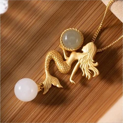 Vintage Gold Color Mermaid Pendant Necklace Chinese Style Retro Unique Craft Charm Lady Charm Jewelry