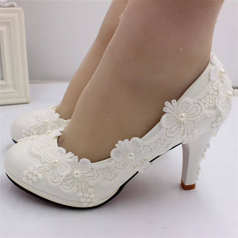 Fashion high heel PU single lace wedding shoes waterproof platform women\'s shoes Bride wedding dress white 8cm high heels wBH167