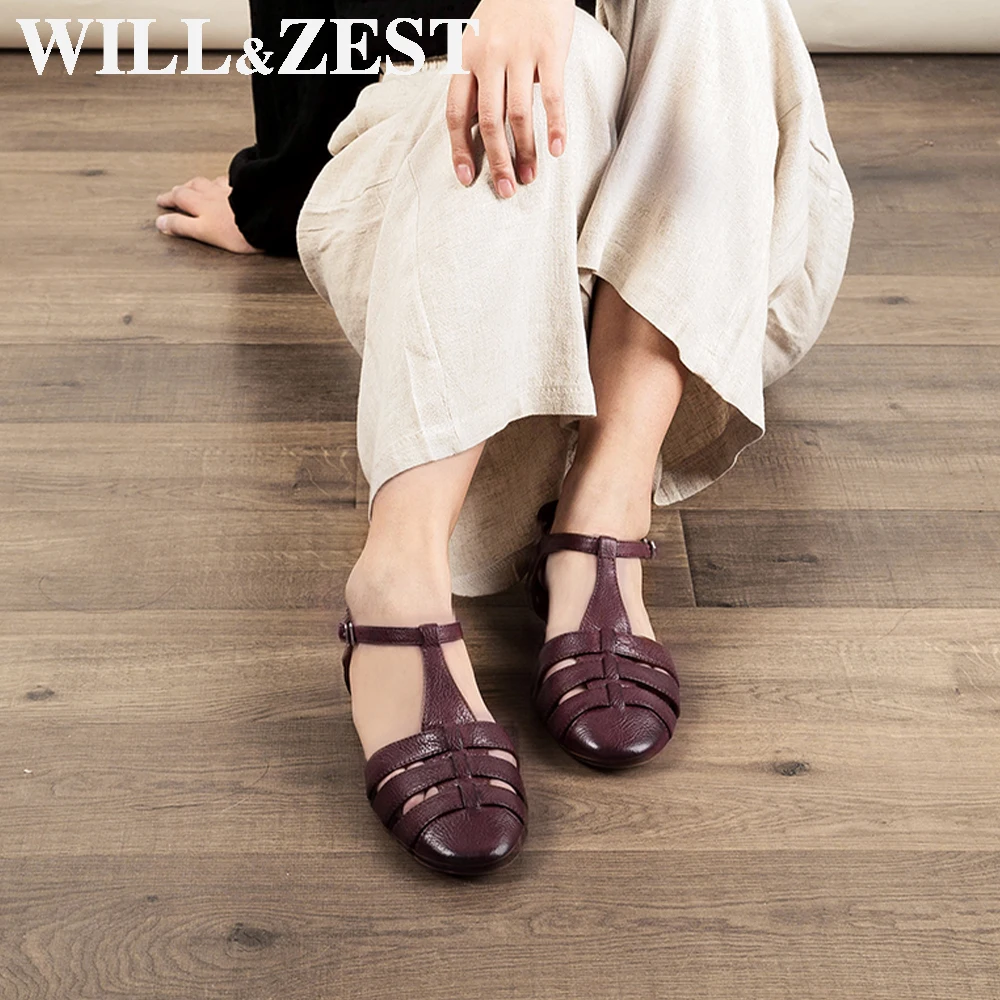 leather sole cow hide leather shoes for women summer flats sandals buckle T straps for laidies
