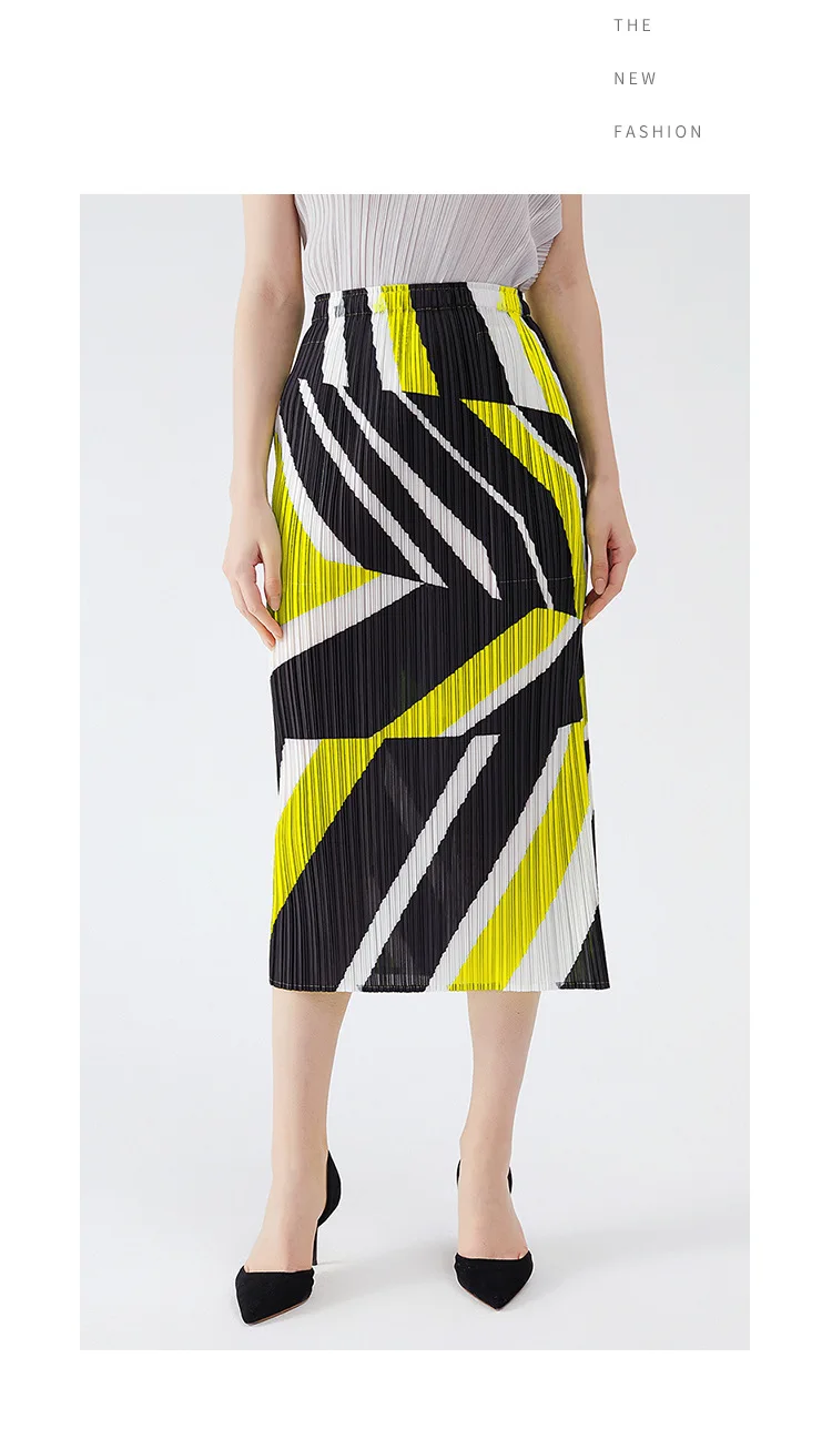 

HOT SELLING Miyake fold Wide-brimmed twill pleated skirt geometry print skirt IN STOCK