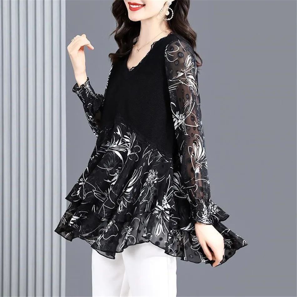 Spring Autumn Women Elegant Blouses Long Sleeve V-Neck Casual Ladies Fashion Temperament Splice Tops Blusas MM1456