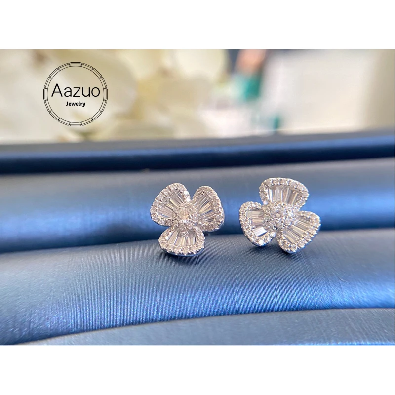 Aazuo Real 18K Solid White Gold Natrual Diamonds 0.9ct 3 Leaies Flower Stud Earrings Gifted For Women Advanced Wedding Party