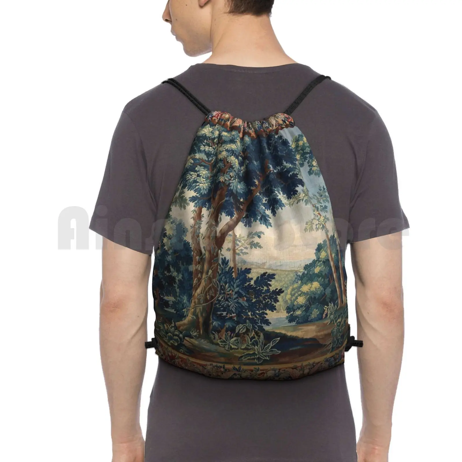 

Greenery , Trees In Woodland Landscape Antique Flemish Tapestry Backpack Drawstring Bags Gym Bag Waterproof Trees Beauty