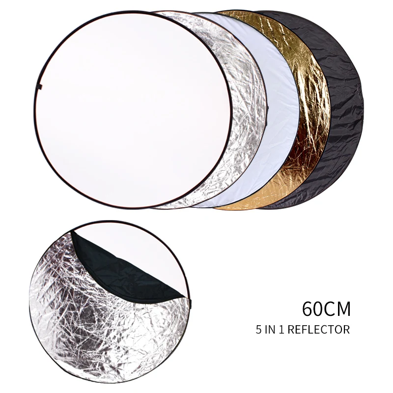 60cm 5-in-1Photography Studio Collapsible Multi Photo Disc Reflector, 5 Colors White, Black, Silver, Gold, Translucent for Photo