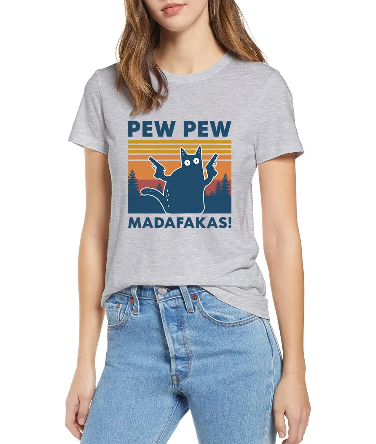 Black Cat Pew Pew Madafakas Funny Cat Gangster With Gun Meme Retro Women\'s Short Sleeves T-Shirt Humor Gift Tops Tee,Drop Ship