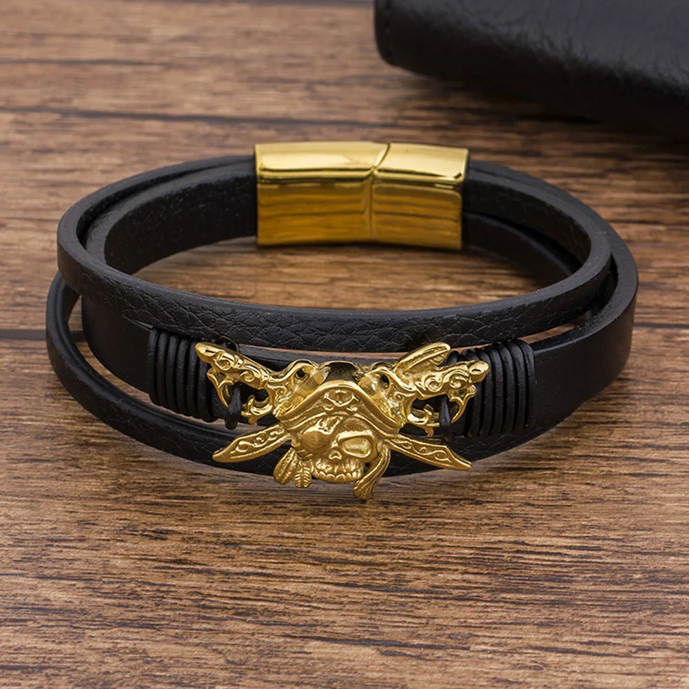 TYO Fashion Luxury Genuine Leather Pirate Bracelet Men Black Magnet Stainless Steel Rope Braided Bangle Jewelry Birthday