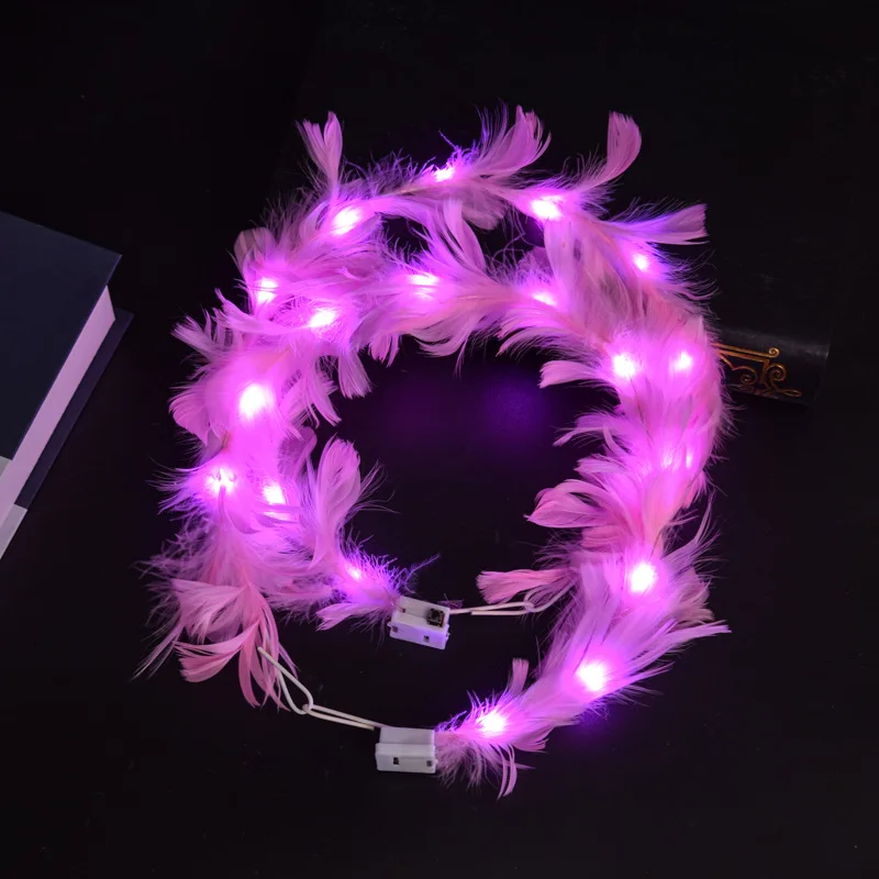 LED Feather Wreath Headband Light-Up Headband Luminous Headdress For Women Girls Wedding Christmas Halloween Glow Party