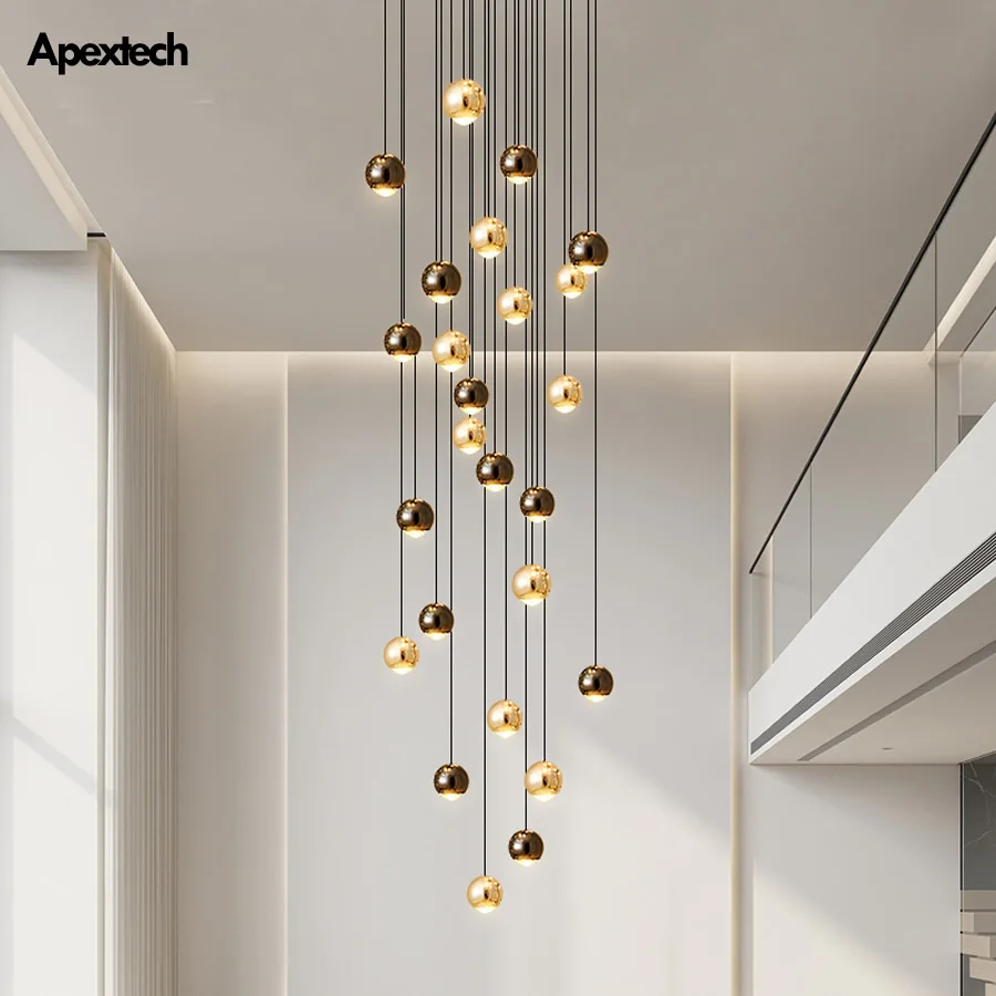 luxo moderno lustre escada bola brilhante droplight villa foyer duplex piso hall deco iluminacao teto pendurado luzes led 01