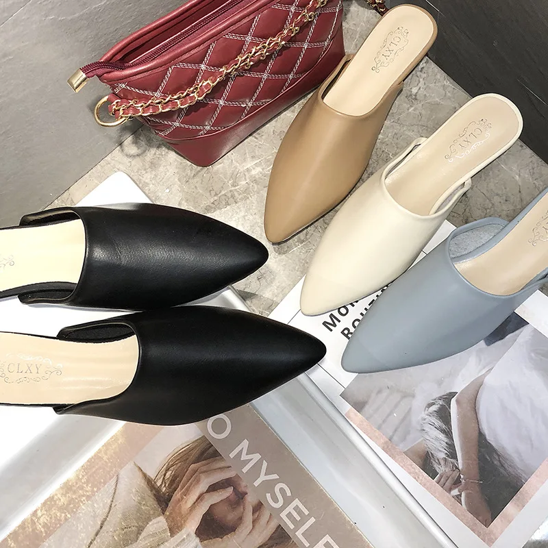 Pointed Toe Flat Slippers spring summer outdoorshoes woman mules slippers Baotou flat heel sets semi slippers Mueller shoes