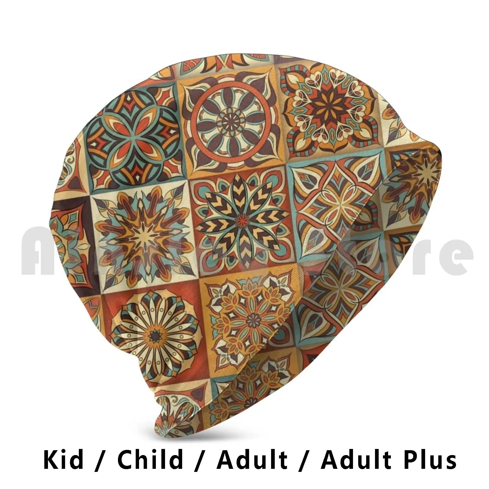 Beautiful Brownish Floral Mandala Pattern Beanies Pullover Cap Comfortable Flower Squares Circles Brown Turqouis