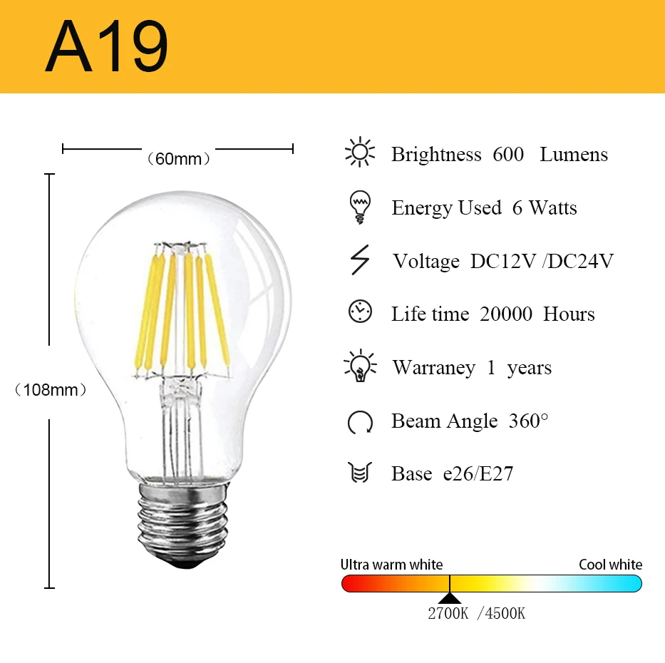 E27 DC12V 24V LED Light Bulb 2700K 4500K A19 6W Low Voltage Filament Bulb For Marine Boat Battery Light RV Locomotive Room  Lamp