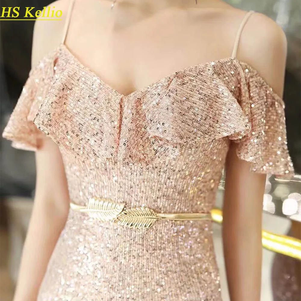 Gold-Prom-Dress Mermaid Spaghetti Strap Sexy Women Party Gown 2020