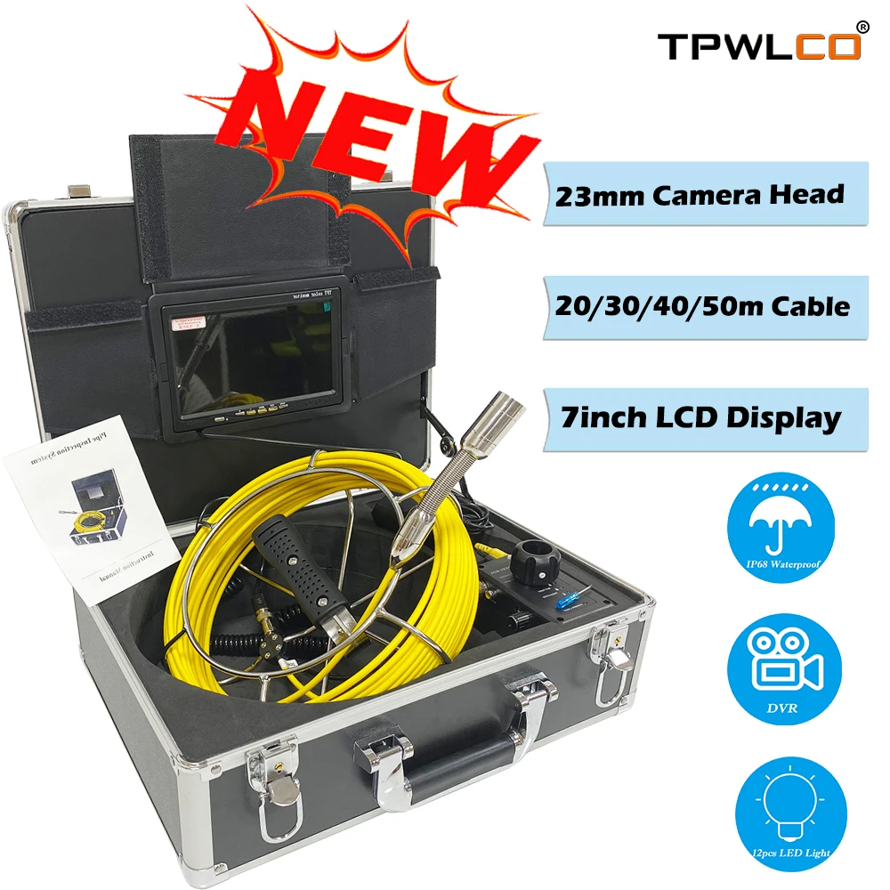 20/30/40/50m Cable 23mm Pipeline Endoscope Camera 7inch Industrial Pumbing Drain Wall System DVR Video Recorder 4500mAh Battery