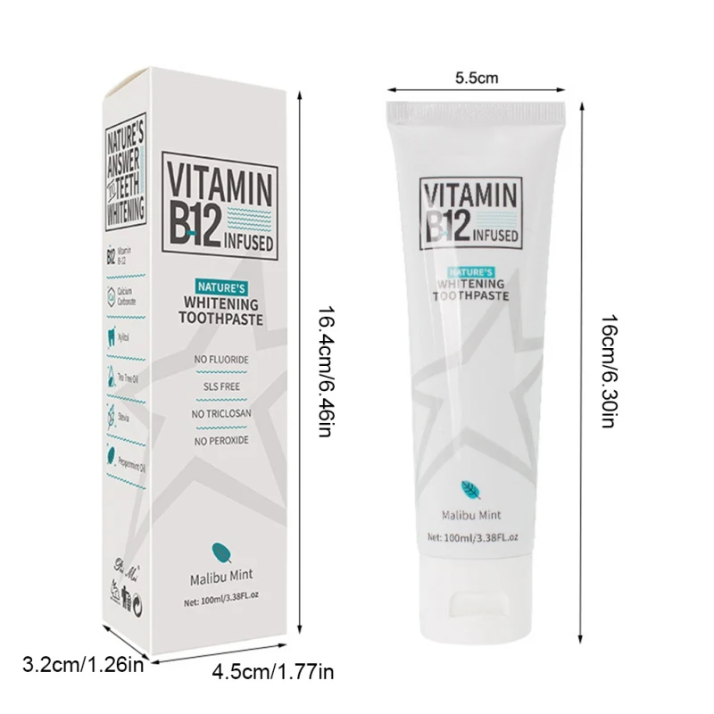 100ml Vitamin B12 Remove Stains Tooth Whitening Toothpaste Mint Brighten Gum Repair Oral Hygiene No Fluoride Beauty Health Fresh