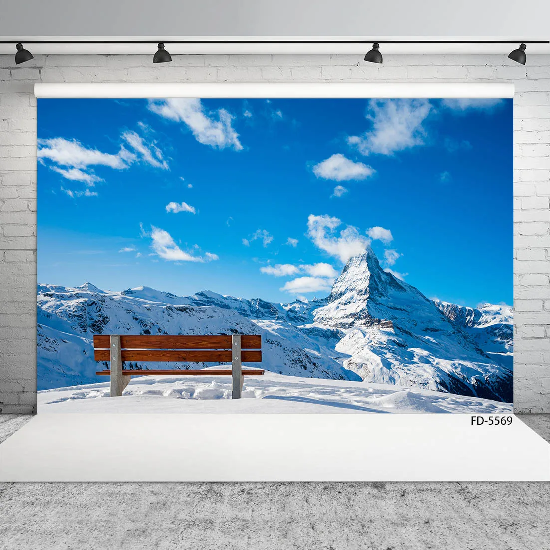 Snow Mountain Bench Scenery Photographic Backdrop Vinyl Cloth Background for Portrait Children Baby Photoshoot Photo Studio