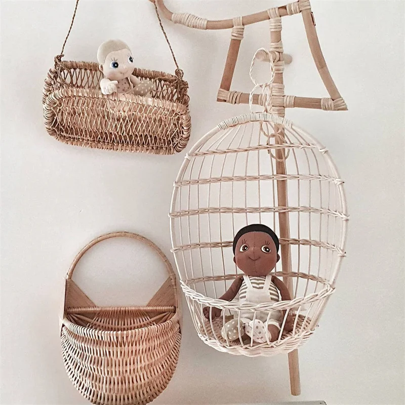 Nordic Hand-woven Rattan Doll Swing Storage Basket Flower Pot Fruit Rattan Basket Plant Pot Container Hanging Toy Storage Decor