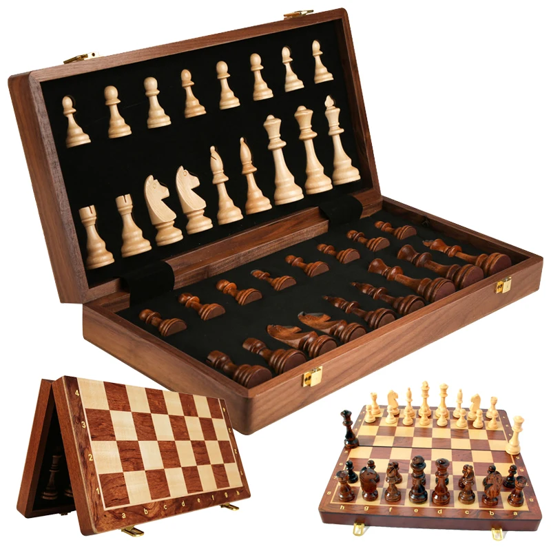 

15" x 15" High-end Wooden Folding Chess Set for Adults in Toys Games Chessboard Interior Storage Box With 2 Extra Queens