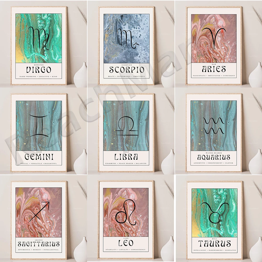 

Zodiac 12 constellation wall art, horoscope poster, flowing gold psychedelic canvas art poster, aesthetic art wall constellation