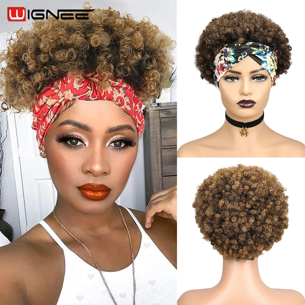 

Wignee Afro Curly Headband Wigs Short Black Kinky Curly Wig 150% Density Glueless Afro Puff Wigs for African Women Head Wrap Wig