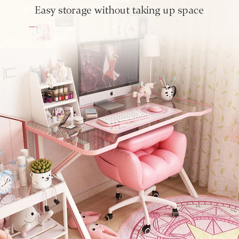 Pink Cute Girl Computer Chair Back Foldable Office Furniture Comfortable Sofa Chair Lift Rotary Reclining Game Chair PU Leather