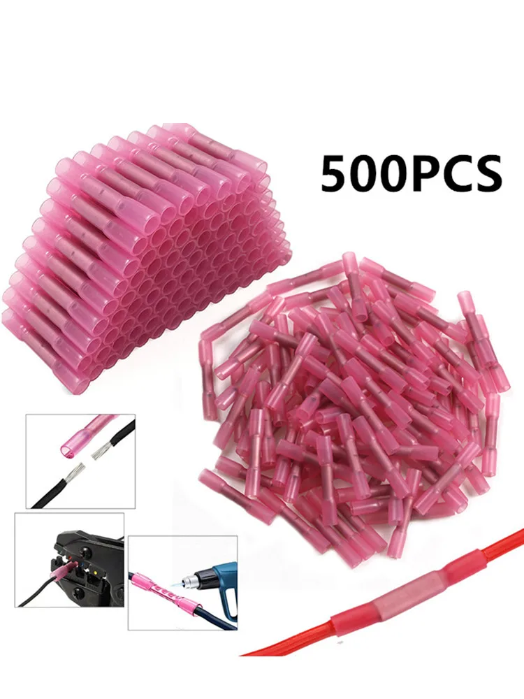 500/1000 szt. Czerwone złącza termokurczliwe izolowane wodoodporne końcówki zaciskane uszczelka Butt złącze przewodu elektrycznego 22-18 AWG — zdjęcie 2