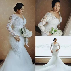 Customized Plus Size Arabic Lace Beaded Mermaid Wedding Gowns Sheer Neck Long Sleeves Vintage Bridal Dresses 2022