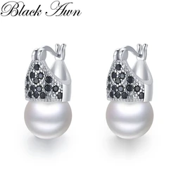 Black Awn Round Pearl Hoop Earrings for Women Classic Silver Color Trendy Spinel Engagement Fashion Jewelry I221