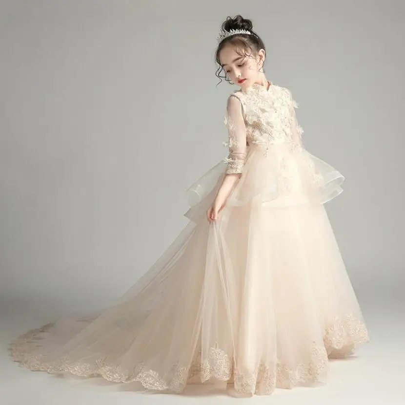 Champagne Lace Kids First Communion Dresses Appliques Kids  Baptism Gown Long Trailing Little Bride Clothes Wedding Outfits