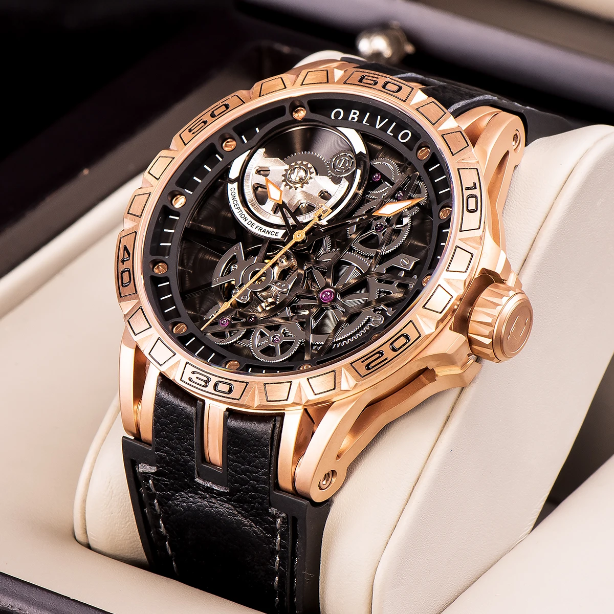 OBLVLO Top Brand New Designer Fashion Watches For Men Skeleton Dial Rose Gold  Automatic Self-Wind Watches Rubber Strap Watch LM